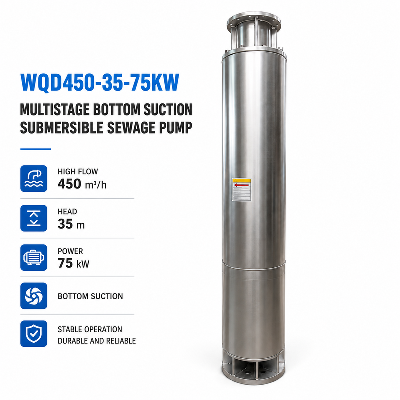 WQD450-35-75KW 450 m³/saat Debi ve 35 m Basma Yüksekliğine Sahip Çok Kademeli Dip Emişli Dalgıç Kanalizasyon Pompası